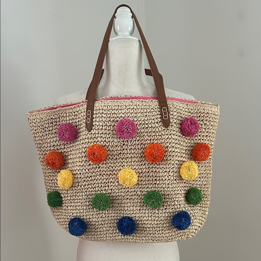 I.N.C. Colorful Pom-Pom Raffia Tote /Beach Bag